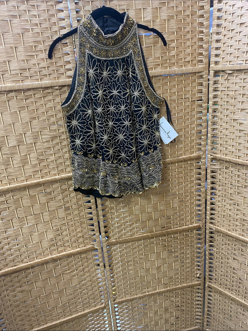 Laurence Kazar vintage Black and Gold Beaded Halter Tank Top